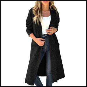 Oversized Checkered Knit Cardigan with Pockets, Open Front, Chunky Sweater